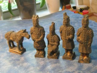 Vintage Chinese Terracotta Warriors,  Horse Set Of 5 Clay Pottery Statues 4 " - 5 "