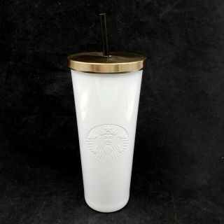 Starbucks White Stainless Steel 24 Oz.  Cold Cup Gold Lid Black Straw