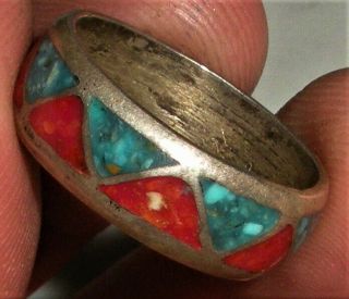 Vintage Navajo Coral & Turquoise Sterling Silver Wedding Band Ring Vafo