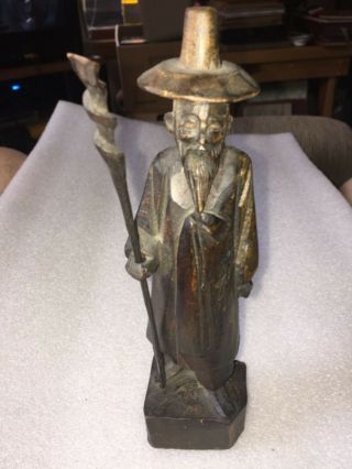 Vtg Chinese Wooden Carved Wise Man Figure / Removable Walking Stick & Tall Hat