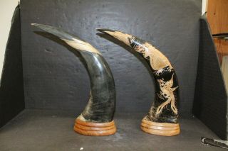 2 Hand Carved Asian Water Buffalo Horns Figurines Glass Eyed