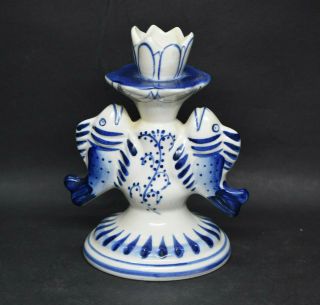 Gzhel Russian Porcelain Fish Candlestick Blue & White Candle Holder