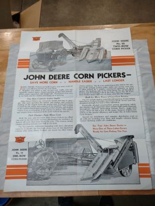 1935 John Deere 1 Row & 2 Row Corn Pickers Fold Out Sales Brochure