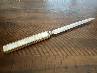 Vintage Mother Of Pearl Handled 7 " Letter Opener Brass Accents