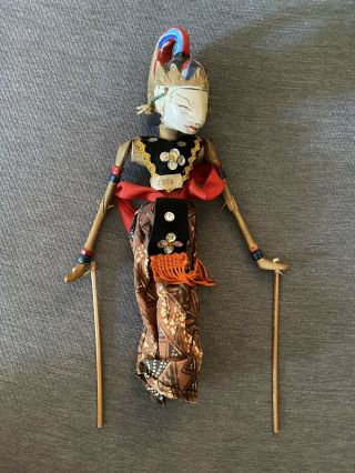 Indonesian Wayang Golek Wooden Stick Rod Puppet Doll Carved Handcrafted Vintage