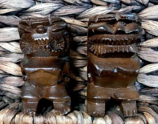 Vintage Hand Carved Monkey Pod Wood Hawaii Tiki Gods Pair