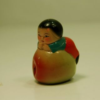 Antique Painted Wood Asian Baby Boy On Peach Pencil Sharpener Shanghai China
