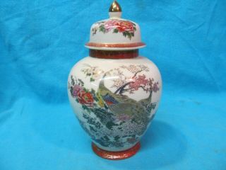 Vintage Japanese Satsuma Porcelain Ginger Jar With Peacock & Cherry Blossoms