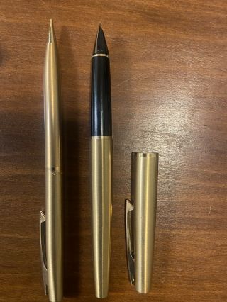 Sheaffer Push Button Fountain Pen And Pencil Set Goldtone Brush Finish