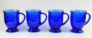 Set Of 4 Starbucks Anchor Hocking Footed Cobalt Blue Glass Coffee Mugs Etched