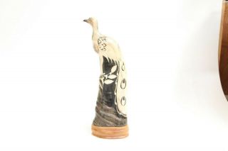 Hand Carved Thailand Water Buffalo Horn Peacock Figurine Glass Eyed