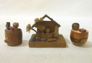 Set Of 3 Japanese Vintage Wooden Kokeshi Small Doll / Souvenir Hot Spring
