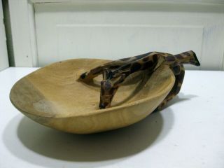 Vintage Primitive Hand Carved Wooden Giraffe Drinking From Bowl