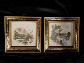 2 Vtg Mcm Gold Wood Frame Oriental Asian Accent Pictures Wall Decor
