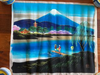 Mid Century Japanese Silk Painting Cherry Blossom Japanese Landscape Signed