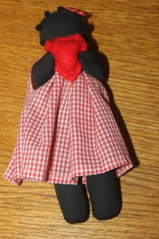 Vintage Black Americana Rag Doll Hand Made Red Checked Dress 7 1/2 " X 2 1/2 " X 2