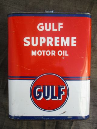 Old Vintage Gulf Supreme Motor Oil 2 Gallon Tin Can