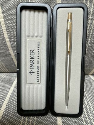 Vintage Parker Ballpoint Pen Made In Usa Brushed Steel With Gold Clip And Trim