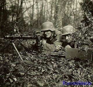 Deadly Helmeted Wehrmacht Mg - 34 Machine Gun Team Prone In Woods Ready To Fire