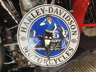 Vintage Porcelain 1969 Harley - Davidson Police Woman Sign Shovelhead Panhead Evo