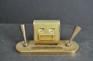 Vintage Art Deco Brass Pen Holder Stand & Calendar Date Desk Set - Flip Numbers