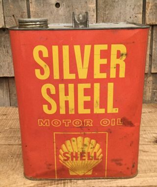 Vintage 2 Gl Silver Shell Motor Oil Tin Can Gas Service Station Auto Advertising