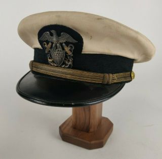 Wwii Ww2 Us Navy Usn White Officer Visor Hat Cap Size 7 1/8