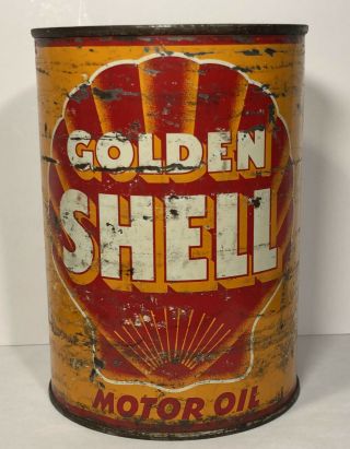 Vtg 1940s Golden Shell Motor Oil 1 Quart Oil Can Tin Patina Gas & Oil Station