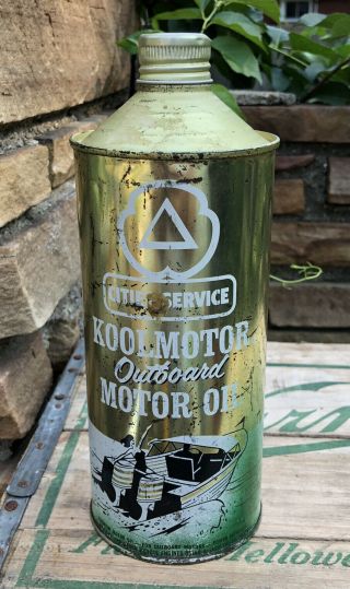Vtg 60s Cities Service Koolmotor Outboard Motor Oil 1 Quart Oil Can Tin Cone Top
