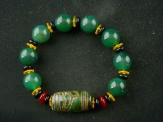 Good Quality Tibetan Green Agate Dzi Round Bead Bracelet W/dzi Lotus Bead U121