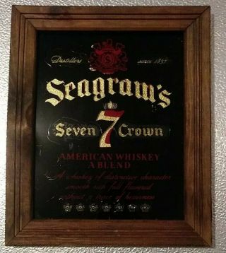 Vintage Seagrams Seven Crown Whiskey Framed Bar Sign Mirror W/rare Red Crown