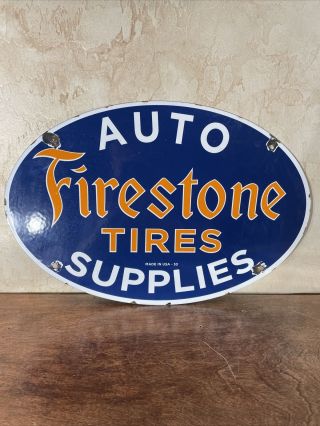 53 Vintage  Firestone Tires  Dealer Porcelain Sign Gas & Oil11x16.  5 Inch