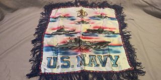 Vintage Military Fringed Pillow Sham Cover - U.  S.  Navy Battleships