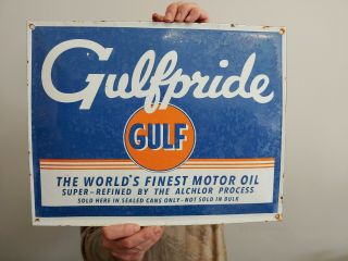 Old Large Vintage Gulfpride Gasoline Porcelain Enamel Gas Pump Sign Motor Oil