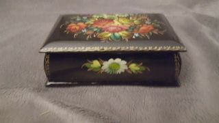Large 3 1/4 " X 5 " Russian Lacquer Trinket Box Hand Painted Flowers
