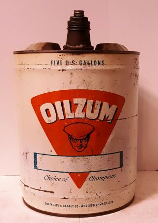 Large Oilzum Motor Oil Can 5 Gallon Metal White & Bagley Co Worcester Ma