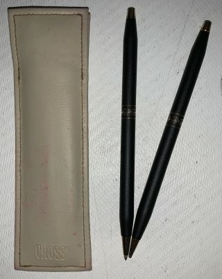 Vintage Cross Ladies Matte Black Ballpoint Pen/pencil Set With Sleeve Gold Trim