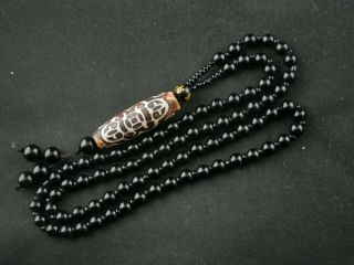Fine Tibetan Black Round Beads Necklace W/agate Dzi Wealth Bead Pendant I024