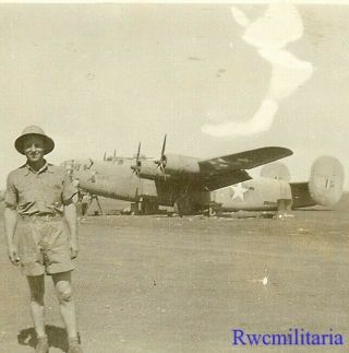 Org.  Photo: Us Airman Posed By Parked 15th Air Force B - 24 Bomber On Airfield