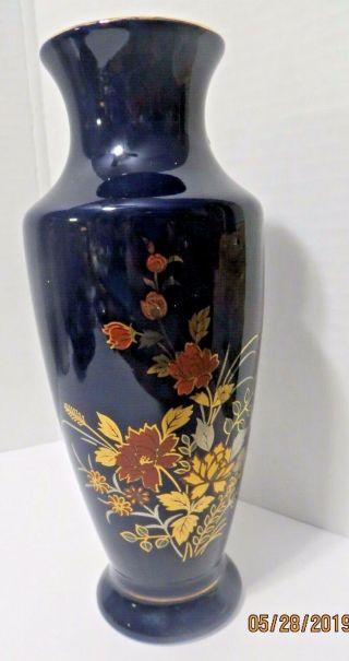 Vintage Cobalt Blue Oriental Asian Vase Gold Trim With Floral Accents
