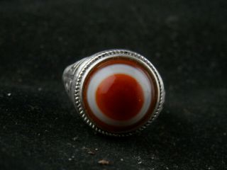 Special Size 18 Tibetan Silver Inlay Agate Dzi Sky Eyed Bead Ring D008