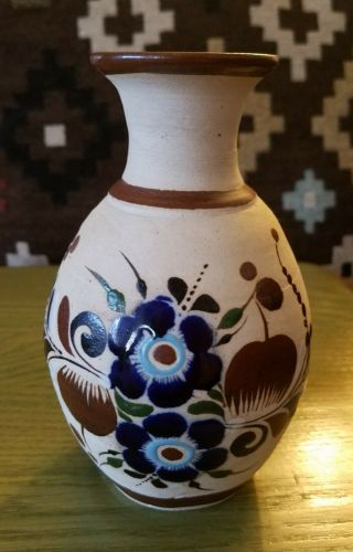 Vintage Tonala Mexican Pottery Vase Hand Painted Folk Art Floral Signed