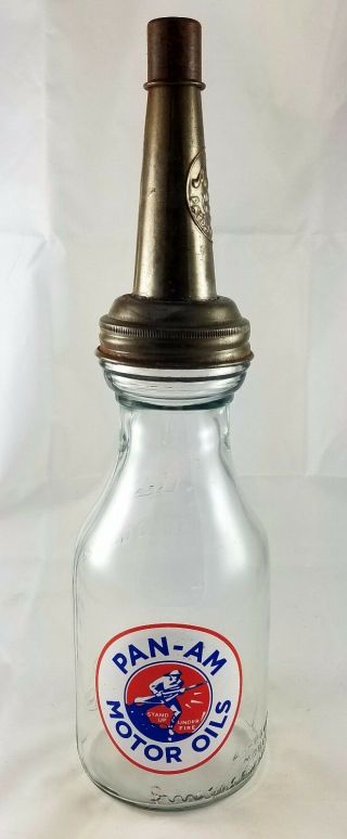 Pan Am Motor Oil Wwi Dough Boy 1 Quart Capacity Glass Bottle Metal Masters Spout