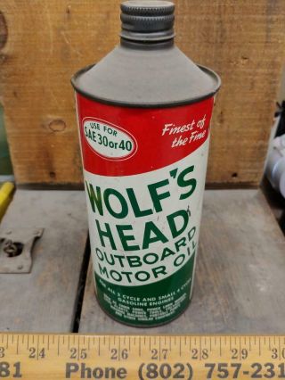 Wolfs Head Outboard Motor Oil Mt 1 Quart Tin Litho Conetop Can - Oil City Pa -