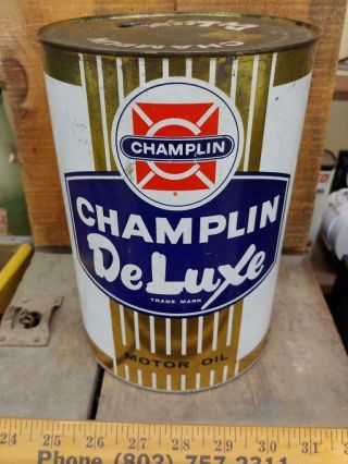 Champlin " Deluxe " Motor Oil Mt 5 Quart Tin Litho Can - Enid Oklahoma -