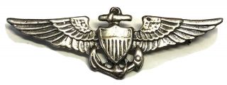 Theater Made Sterling Silver 3 " Us Navy Pilot Wings Pin Back Ww2 Wwii