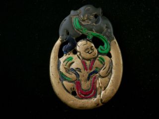 Lovely Chinese Jade Hand Carved Bat On Boy 2faces Pendant M211