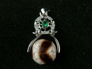 Lovely Tibetan Silver Inlay Agate Dzi Water Round Bead Pendant M031