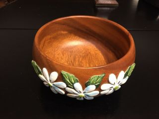 Monkey Pod Wood Bowl With Carved Flowers -