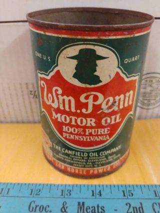 1 Quart Wm.  Penn Motor Oil Can - 100 Pure Pennsylvania - Canfield Oil Company -